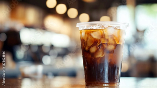 Fototapeta Iced cold brew coffee with ice cubes in clear plastic cup on wooden table, shallow depth of field with warm cafe interior bokeh background