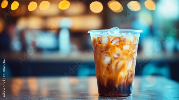 Fototapeta Caramel iced coffee in clear plastic cup with golden swirls and ice cubes, blue tones in background with warm accent lighting