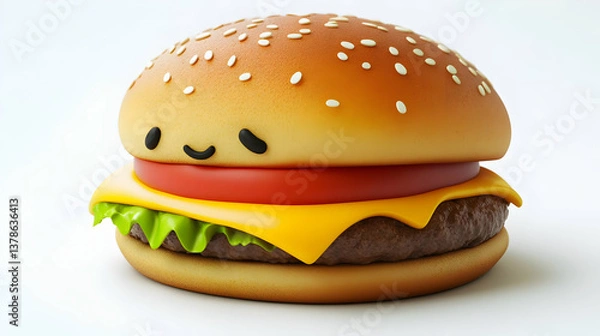 Fototapeta Cartoonish Burger with a Smiling Face Featuring Lettuce Tomato and Cheese on a White Background with Sesame Seeds