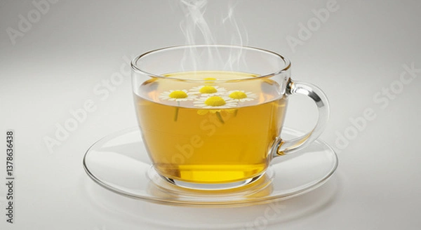 Fototapeta Glass Teacup with Bright Yellow Chamomile Tea on a White Saucer,tea, cup, glass, drink, beverage, isolated, white, hot, mug, green, liquid, 