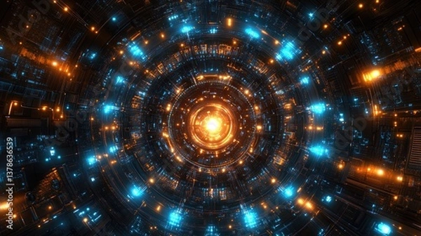 Fototapeta Close-up of a futuristic microchip with glowing circuits on a dark blue and black circuit board.