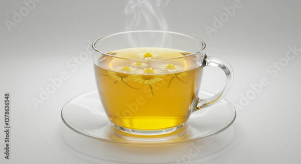 Fototapeta Glass Teacup with Bright Yellow Chamomile Tea on a White Saucer,, cup, glass, drink, beverage, isolated, hot, white, lemon, mug, liquid, green, herbal, healthy, transparent, breakfast, food, coffee, b