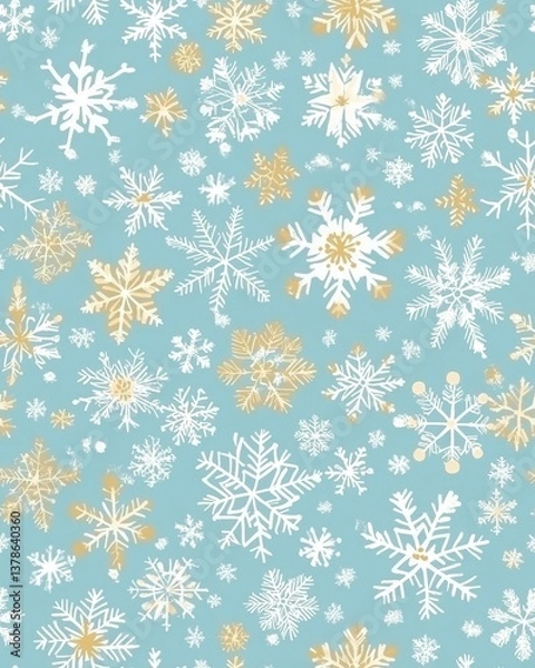 Fototapeta A seamless pattern featu elegant white and gold snowflakes of varying sizes and intricate designs on a soft light blue background perfect for winter holiday designs.