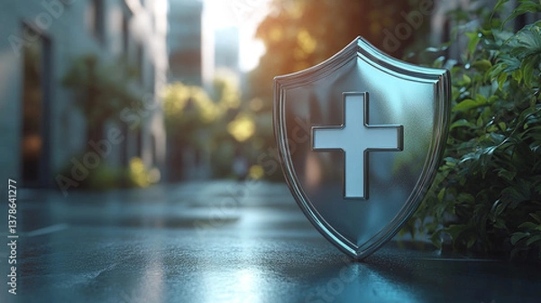Fototapeta 3D rendering of a protective shield symbolizing safety and defense against viruses, with a white medical cross on a secure background, representing protection and security in modern healthcare.

