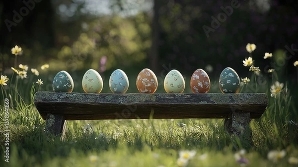 Obraz painted easter eggs celebrating a Happy Easter with a rustic wooden bench & green meadow grass