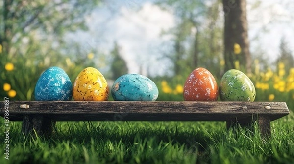 Obraz painted easter eggs celebrating a Happy Easter with a rustic wooden bench & green meadow grass