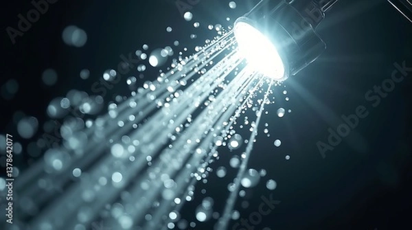 Fototapeta Abstract monochrome close-up of water droplets cascading from a showerhead, glistening with dynamic light reflections, creating a modern, sleek, and high-contrast aesthetic.