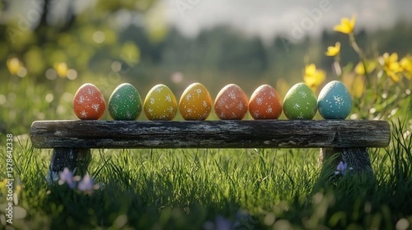 Obraz painted easter eggs celebrating a Happy Easter with a rustic wooden bench & green meadow grass