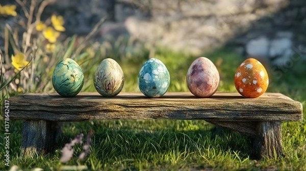 Obraz painted easter eggs celebrating a Happy Easter with a rustic wooden bench & green meadow grass