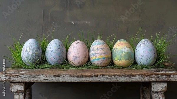 Obraz painted easter eggs celebrating a Happy Easter with a rustic wooden bench & green meadow grass