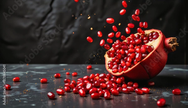 Fototapeta Modern food photo advertisement: A burst of ruby-red pomegranate seeds explodes from a cracked fruit, scattering across a dark, textured surface.