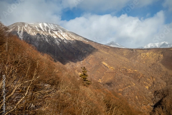 Fototapeta Akechidaira ropeway with surrounding beautiful viewpoints in Nikko, Japan, during cold weather in winter under cloudy blue sky