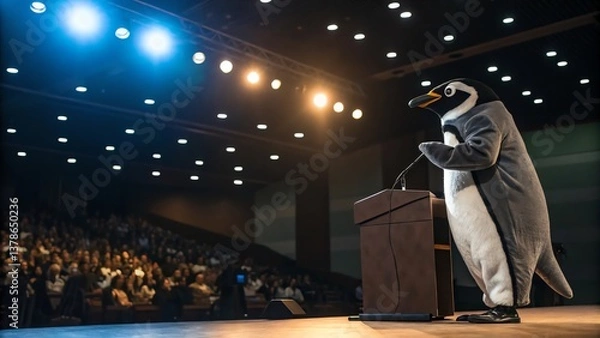 Fototapeta CEO Penguin giving a TED Talk on leadership and success, standing on a stage with an enthusiastic audience.