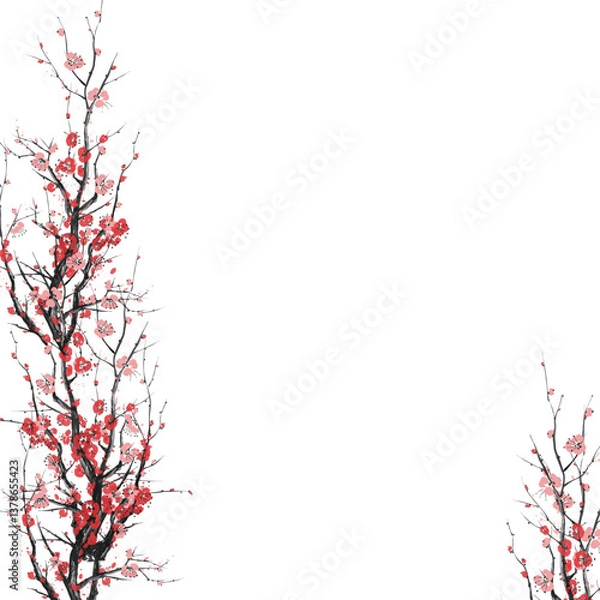 Fototapeta Realistic Sakura Blossom - Japanese Cherry Tree. Artistic Branch Plum Blossom. Vector