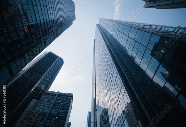 Fototapeta A massive modern skyscraper with a sleek glass exterior, reflecting the sky and surrounding cityscape. The image is taken from a low-angle perspective, emphasizing the height and futuristic appeal.