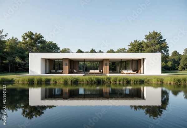 Obraz A minimalist Scandinavian-style house with large glass windows, wooden paneling, and a clean white facade.