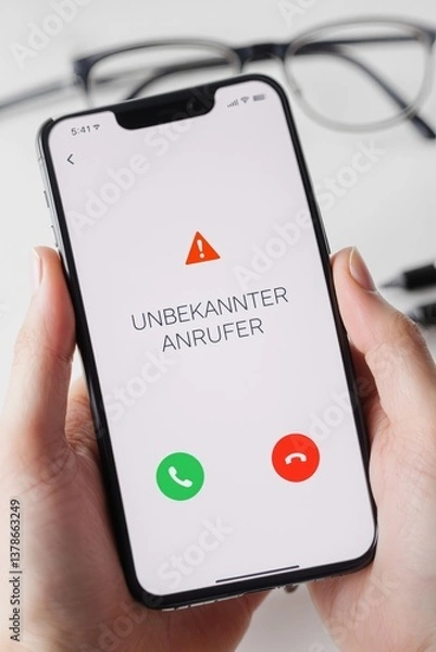Obraz A smartphone displays a warning symbol during a call from an unknown caller, showing a red exclamation mark.
