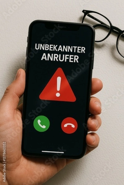 Obraz A smartphone displays a warning symbol during a call from an unknown caller, showing a red exclamation mark.
