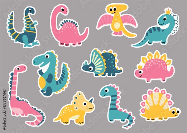 Fototapeta A set of stickers with cute dinosaurs. Drawing style