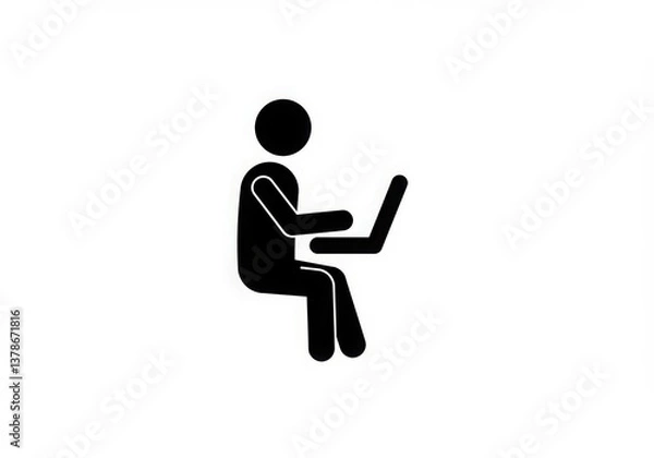 Fototapeta A black stick figure sitting down and using a laptop on a white background illustration icon