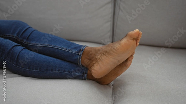 Fototapeta Woman relaxing at home with bare feet on the sofa wearing jeans creating a cozy atmosphere in a modern living room with a focus on comfort and serenity indoors.