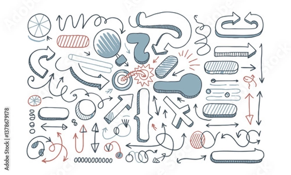 Fototapeta A modern vector illustration of hand-drawn marker doodles, featuring a variety of arrows, circles, rectangles, ovals, and abstract shapes, easily editable.