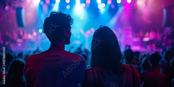Fototapeta Back view of a couple in love, mesmerized by the dazzling lights of a live stage show