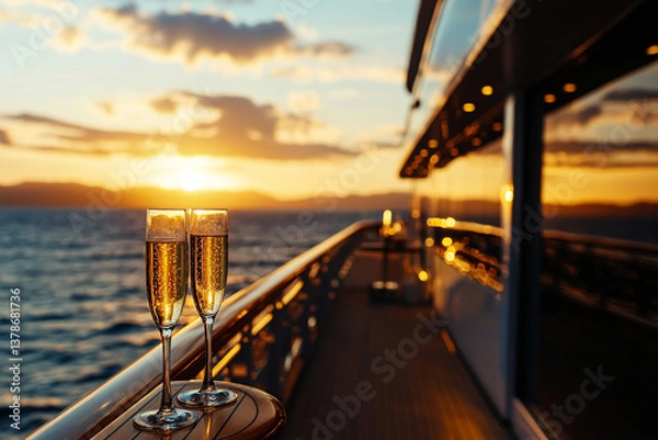 Obraz Two glasses of champagne on luxury cruise deck at sunset, creating romantic atmosphere. golden light reflects on water, enhancing serene experience