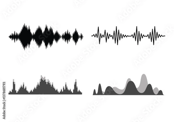Fototapeta Black sound waves on white background - Music wave frequency or equaliser audio lines and digital voice volume visualisation vector set isolated illustrations 