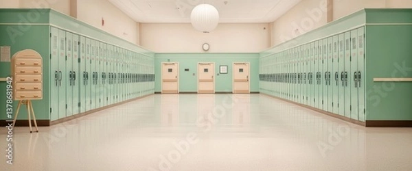Fototapeta Empty School Hallway with Lockers