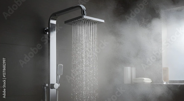 Fototapeta A modern square showerhead releases a stream of hot water, enveloped in gentle steam for a soothing and luxurious bathing experience