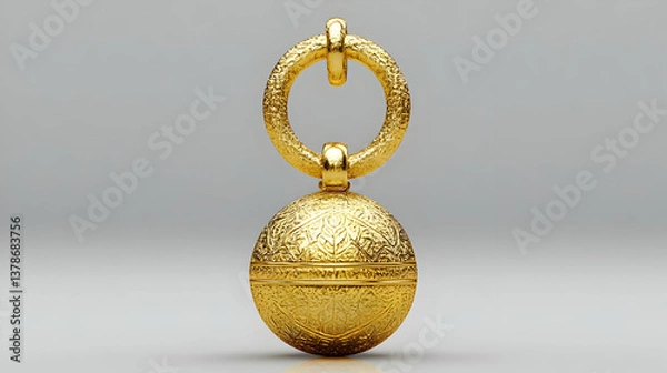 Fototapeta Detailed Golden Sphere with Ornate Ring Hanging on Gray Background Represents Wealth Luxury and Precious Metals for High End Decoration