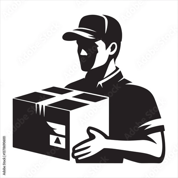 Obraz Courier Delivering Carrying Box Silhouette on isolated white background