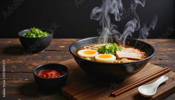 Fototapeta Modern food photo advertisement: Steaming hot ramen with a soft-boiled egg, chashu pork, and green onions sits in a dark bowl on a rustic wooden surface, inviting a delicious and comforting meal.