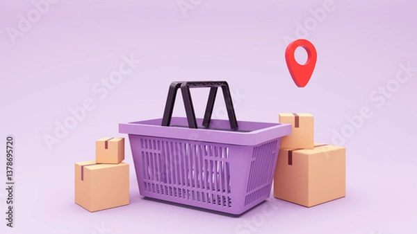 Obraz Concept of shopping cart and goods - 3D render. Online shopping, purchasing goods through a basket, quick orders. Background for advertising stores, marketing, service.