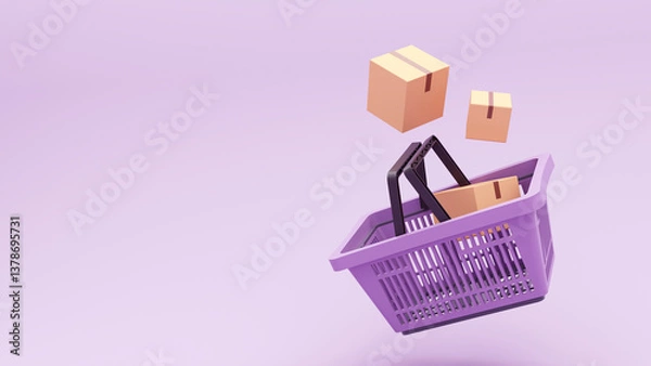 Obraz Concept of shopping cart and goods - 3D render. Online shopping, purchasing goods through a basket, quick orders. Background for advertising stores, marketing, service.