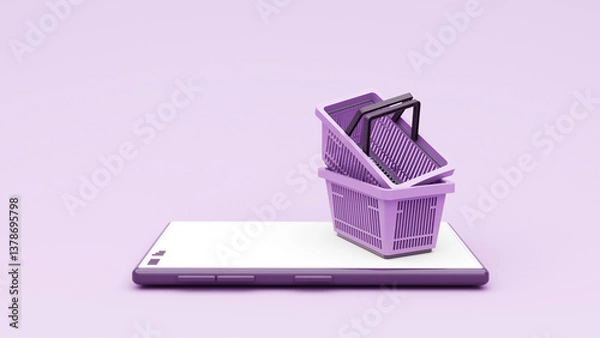 Obraz Concept of shopping cart and goods - 3D render. Online shopping, purchasing goods through a basket, quick orders. Background for advertising stores, marketing, service.