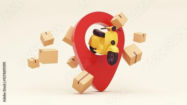 Obraz 3d render of the concept of fast delivery of parcels around the world by car, plane, scooter. Online shopping. Urgent delivery and logistics. Cargo transportation. Shopping without leaving home.