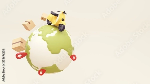 Obraz 3d render of the concept of fast delivery of parcels around the world by car, plane, scooter. Online shopping. Urgent delivery and logistics. Cargo transportation. Shopping without leaving home.