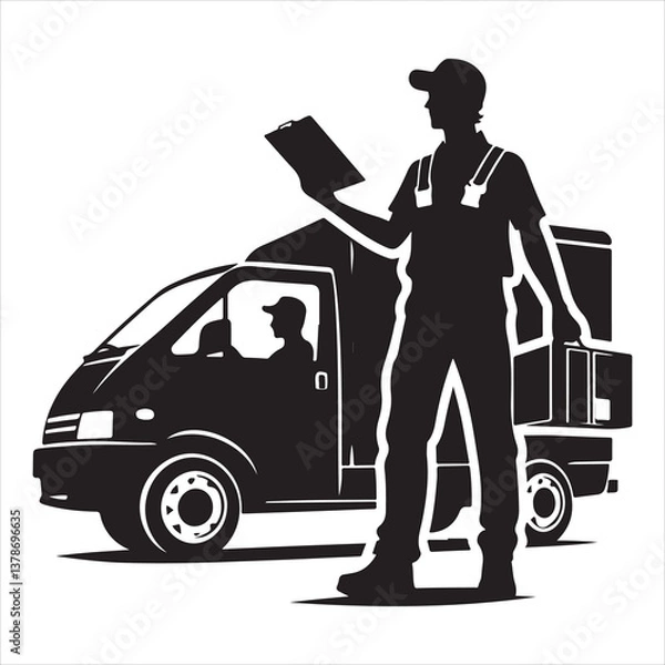 Obraz Courier Delivering Carrying Box Silhouette on isolated white background