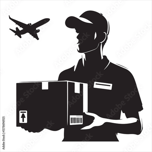 Obraz Courier Delivering Carrying Box Silhouette on isolated white background