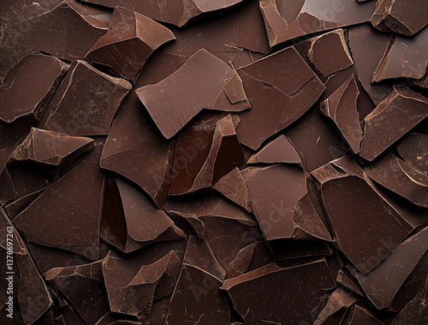 Fototapeta High-resolution close-up image depicting a dense collection of irregularly shaped, broken pieces of dark chocolate.  The pieces vary slightly in size and shape, creating a textured surface with