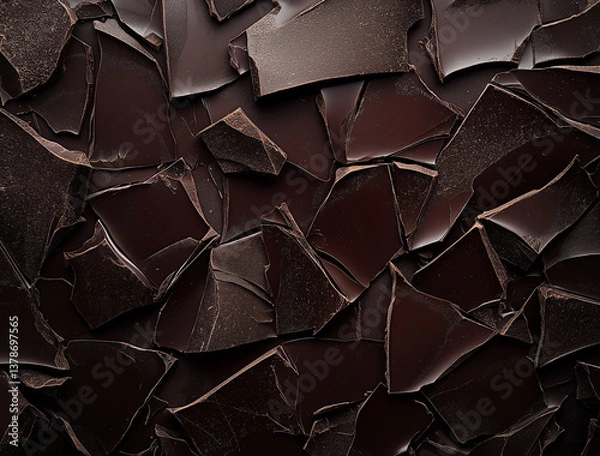 Fototapeta High-resolution close-up image depicting a dense collection of irregularly shaped dark chocolate chunks. The image showcases a full-frame view of the chocolate pieces, emphasizing their texture and