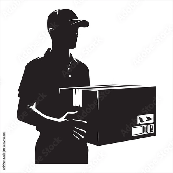 Obraz Courier Delivering Carrying Box Silhouette on isolated white background