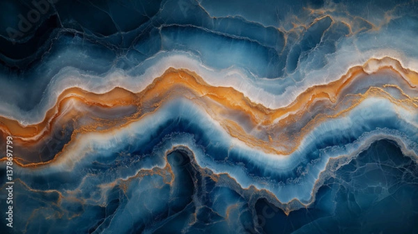 Fototapeta High-resolution close-up image depicting an abstract pattern featuring swirling lines and shapes. Predominantly blue hues are accented with streaks and bands of orange and white. The texture mimics