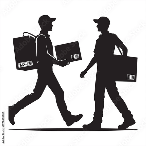 Obraz Courier Delivering Carrying Box Silhouette on isolated white background