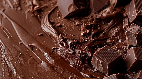 Fototapeta A high-angle, close-up macro shot reveals a dynamic composition of dark chocolate.  The image showcases both smooth, melted chocolate, exhibiting fluid brushstrokes and textures, and sharply defined,