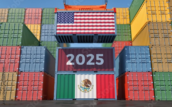 Obraz Trading 2025. Cargo Container with Mexico and USA flag. 3D Rendering