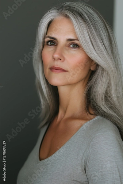 Fototapeta Close-up portrait of a woman with long, flowing silver hair. The image is tightly cropped, focusing on her face, neck, and shoulders.  The lighting is soft and diffused, minimizing harsh shadows. The
