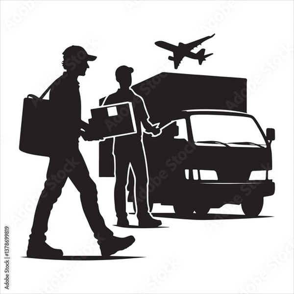 Obraz Courier Delivering Carrying Box Silhouette on isolated white background